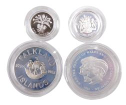 Four silver proof coins, comprising the commemorative five pound coin of The Royal Wedding of The Pr