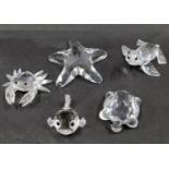 Five Swarovski crystal sea creatures, comprising crab 4cm wide, starfish 5.5cm wide, puffer fish 2cm