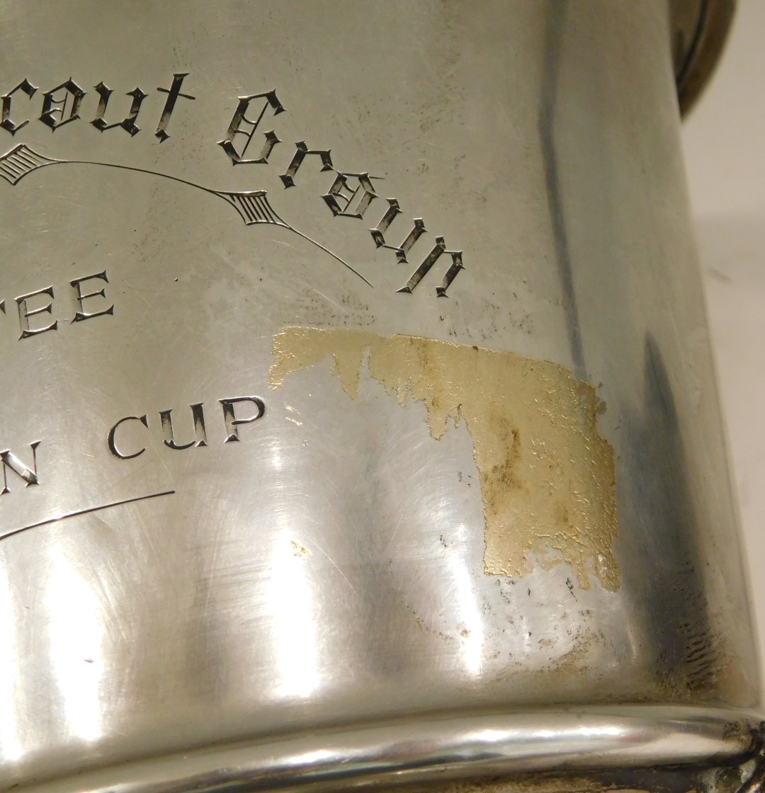 A St Aidan's Scout Group Committee Coronation silver cup, with two handles, on black ebonised socle - Image 3 of 4