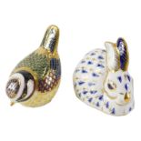 Two Royal Crown Derby paperweights, comprising Blue Tit with silvered stopper, 7cm high, and a seate