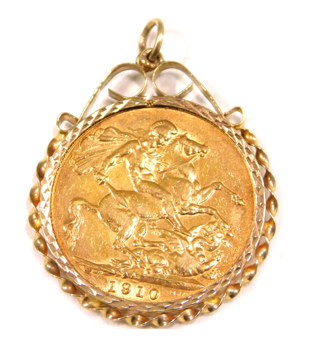 An Edward VII full gold sovereign pendant, dated 1910, in a 9ct gold twist work pendant mount, 9.1g
