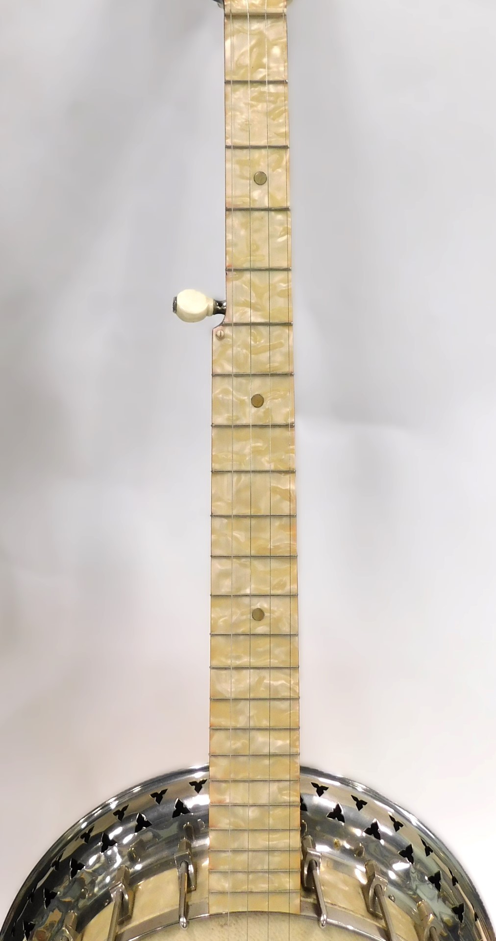 A B&S Master of London Ivory Queen banjo, with a simulated mother of pearl finger board, sides and b - Image 3 of 6
