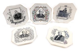 Five 19thC Wallis Gimpson & Co portrait commemorative plates, comprising Benjamin Disraeli, James Fr