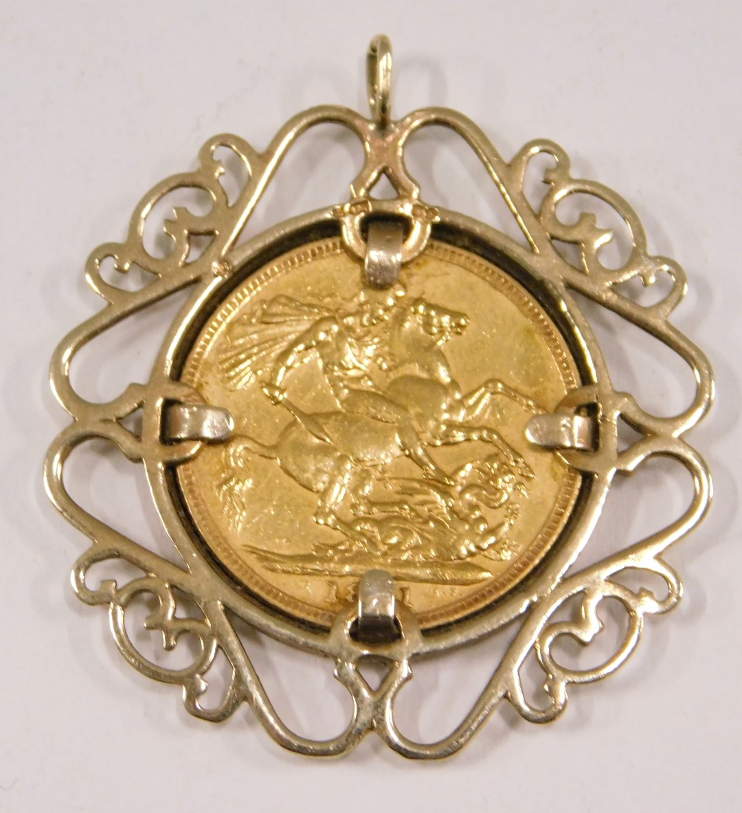 A Victorian full gold sovereign, dated 1891, in a 9ct gold scroll work pendant mount, 11.7g. - Image 2 of 3