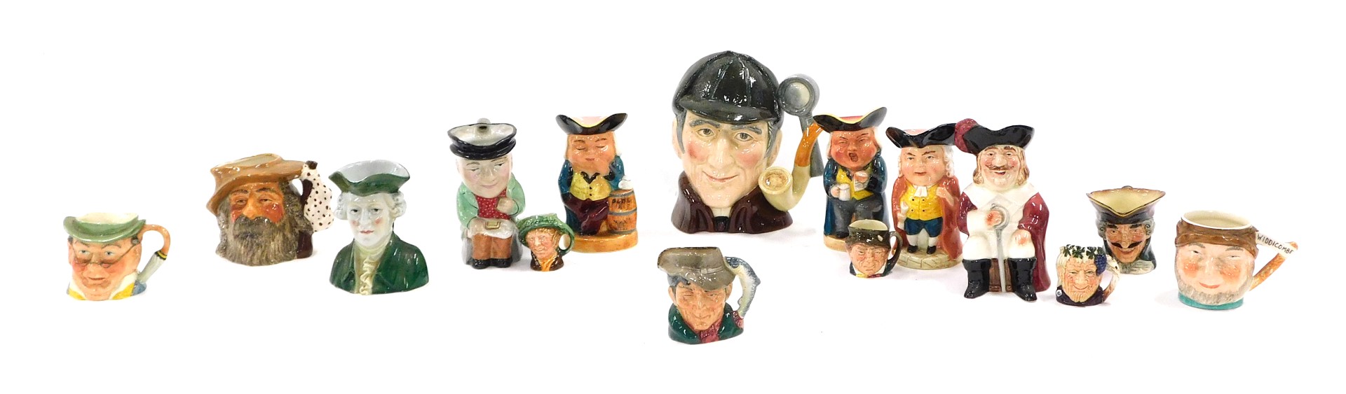 Various Royal Doulton Shorter and other character and Toby jugs, to include Sherlock Holmes, Dick Tu