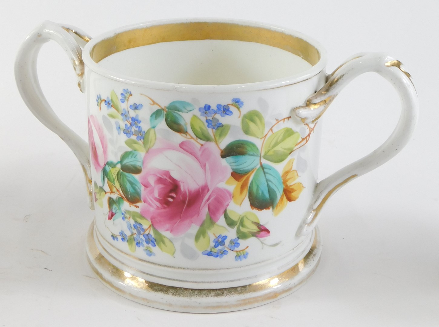 A 19thC Staffordshire loving cup, with indistinct name, dated 1862, 22cm wide, another similar, pain - Image 3 of 3