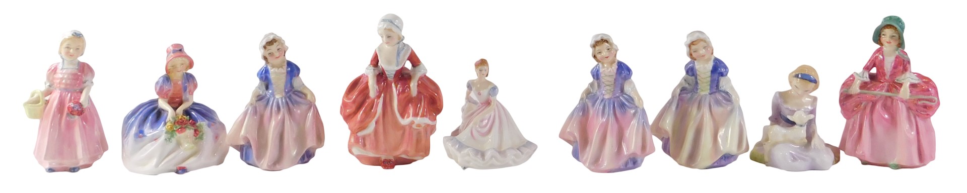 Nine miniature small Royal Doulton ladies, comprising Bo Peep, Monica, Goody Two Shoes, Dinky Doe (x