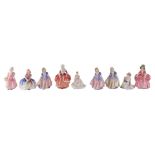 Nine miniature small Royal Doulton ladies, comprising Bo Peep, Monica, Goody Two Shoes, Dinky Doe (x