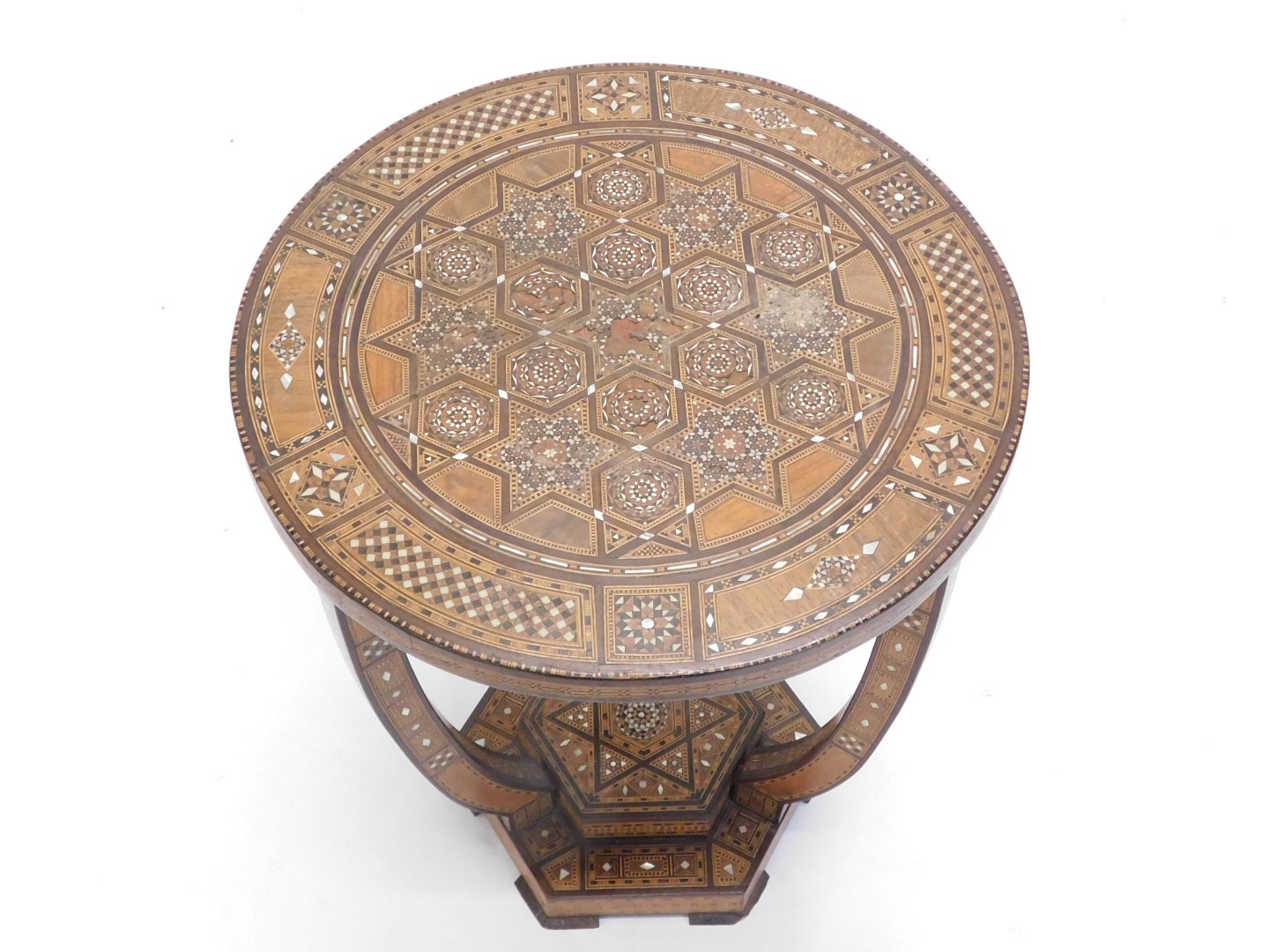 A late 19th/early 20thC Middle Eastern occasional table, the mosaic style top inlaid with various ti - Image 2 of 3
