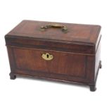 A 19thC mahogany tea caddy, the hinged lid with cross banded border and a brass swing handle enclosi