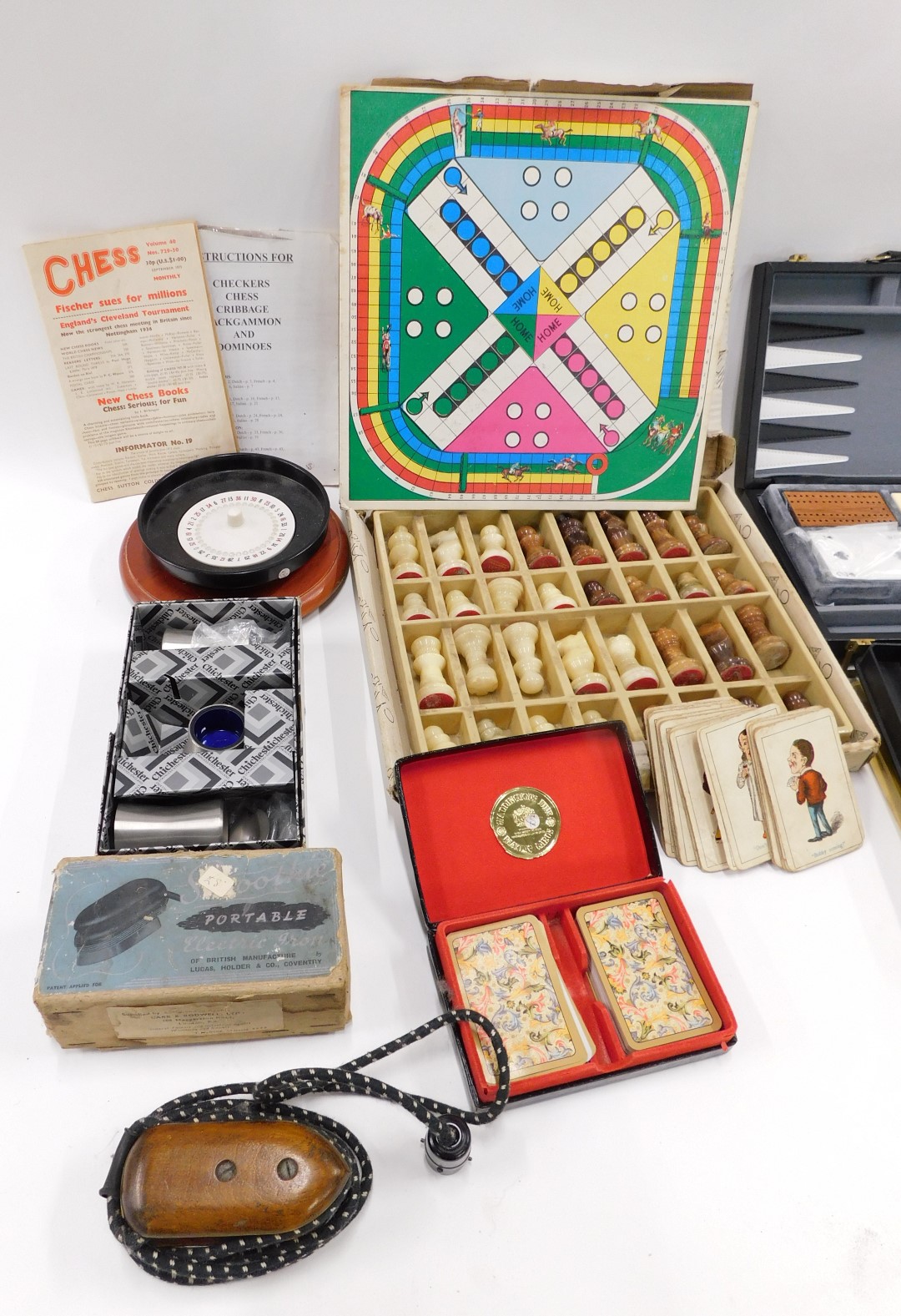 A collection of card and other games, bagatelle, roulette, draughts, Chichester stainless steel crue - Image 2 of 5