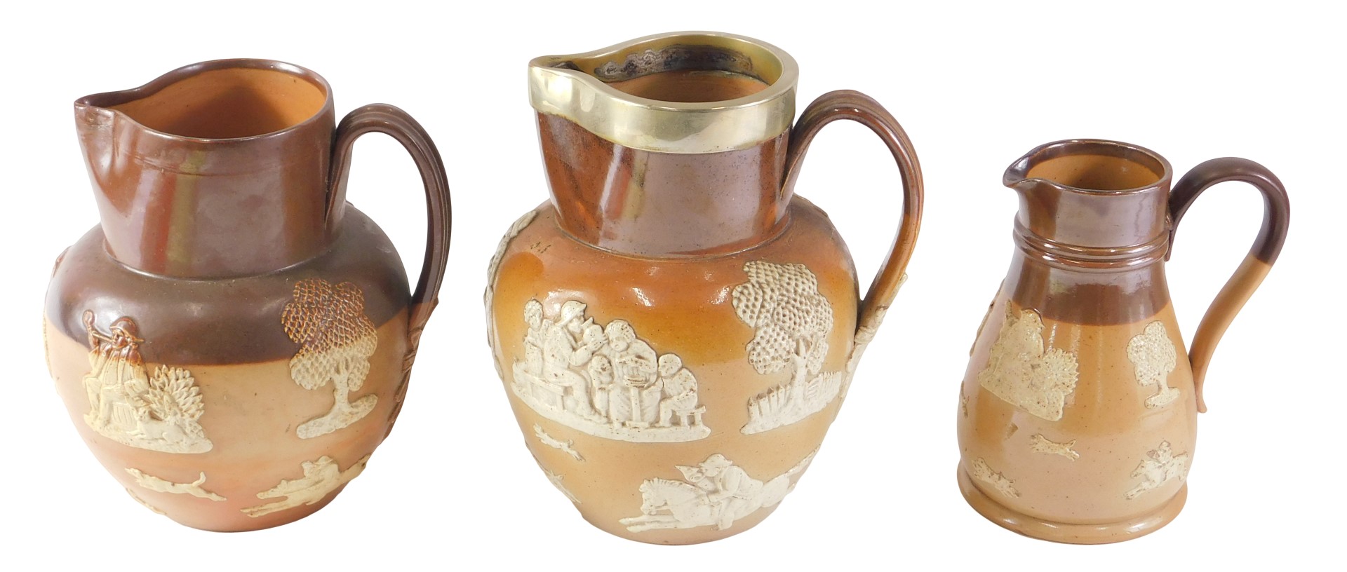 Three Doulton stoneware jugs, comprising one with silver plated collar, 18cm high, and two others, 1