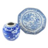A 19thC Chinese export blue and white octagonal plate, AF, 22cm diameter, and a blue and white ginge