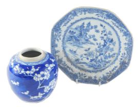 A 19thC Chinese export blue and white octagonal plate, AF, 22cm diameter, and a blue and white ginge