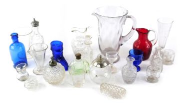 Victorian and later glassware, comprising Bristol blue boot, medicine bottle, cranberry glass jug, m