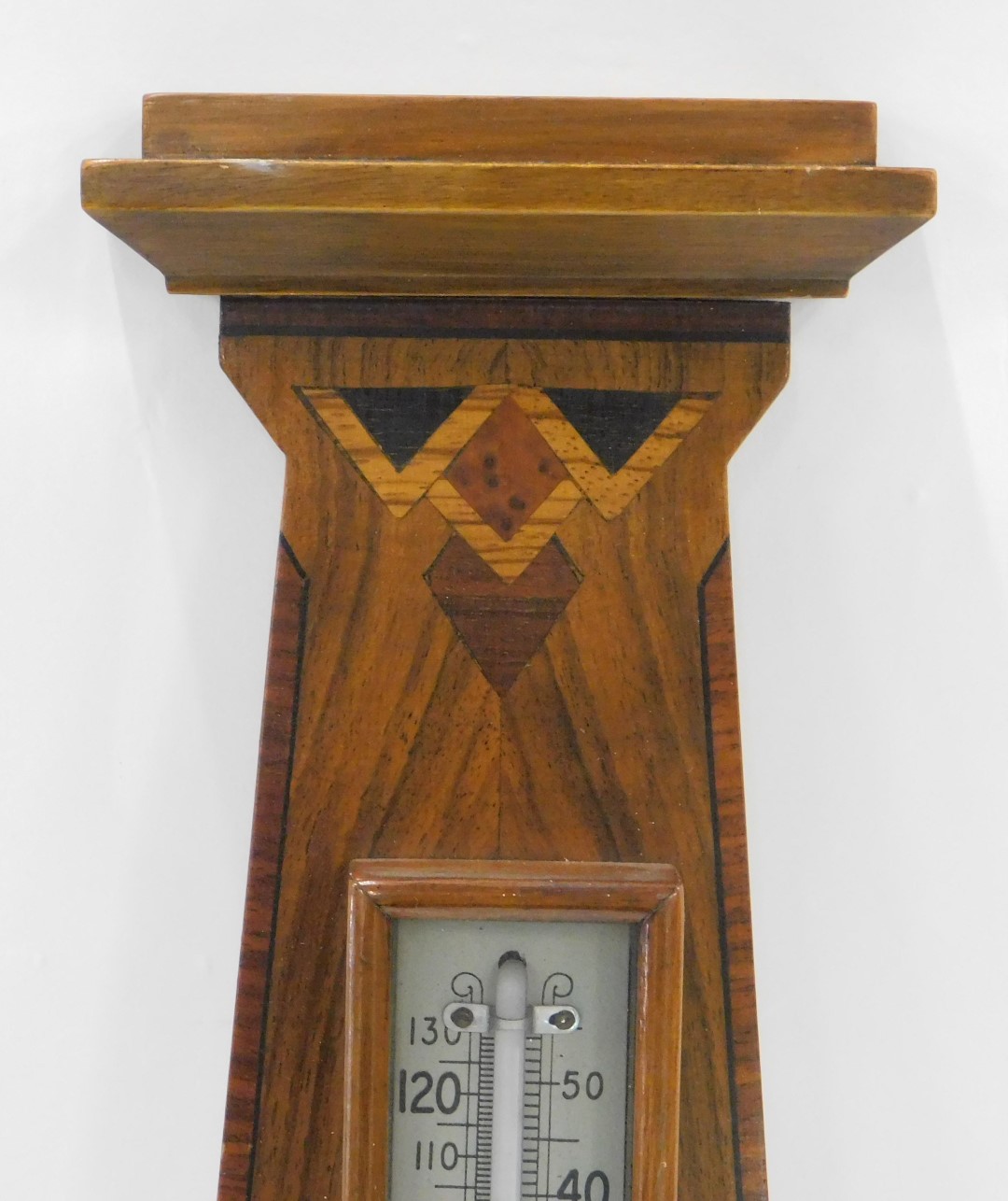 An Art Deco walnut and parquetry aneroid barometer, with thermometer, 58cm high. - Image 3 of 3