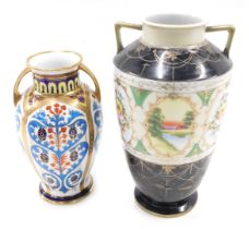 A Japanese Nippon porcelain vase, painted with landscapes, flowers, etc., within gilt and black bord