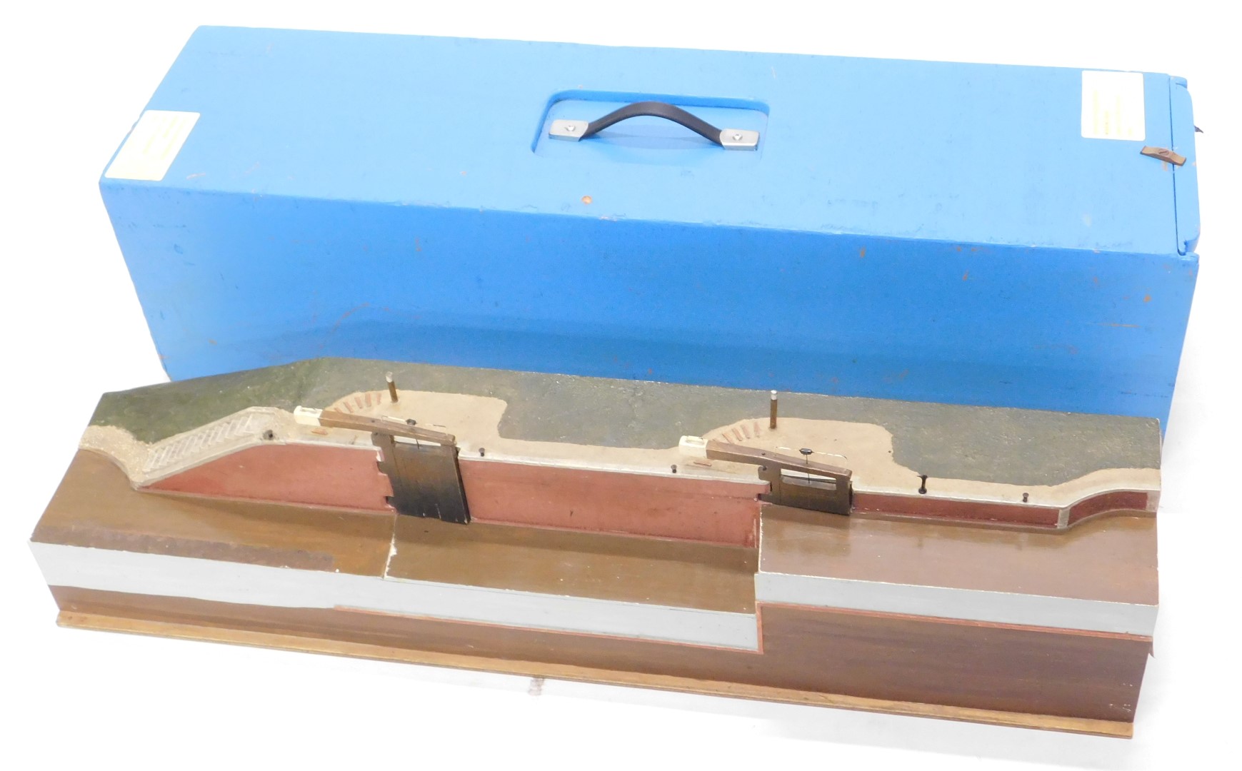 A museum model of a 19thC canal lock, 21cm high, 91cm wide, 18cm deep, in painted blue diamond trave - Image 2 of 2