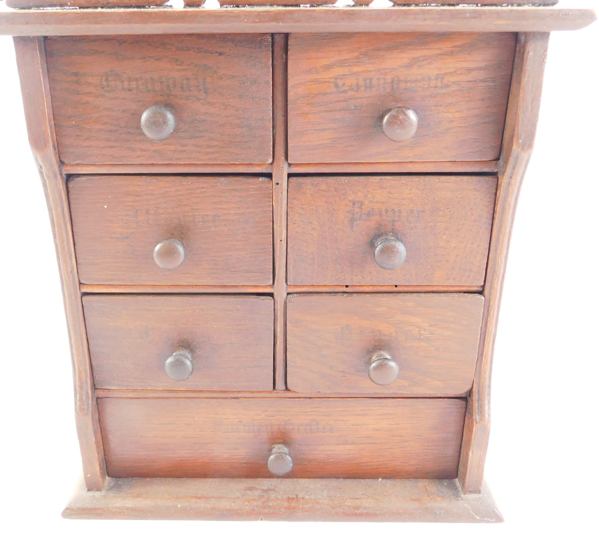 A late 19th/early 20thC oak spice cabinet, the drawers with indistinct stencil decoration and turned - Image 2 of 2