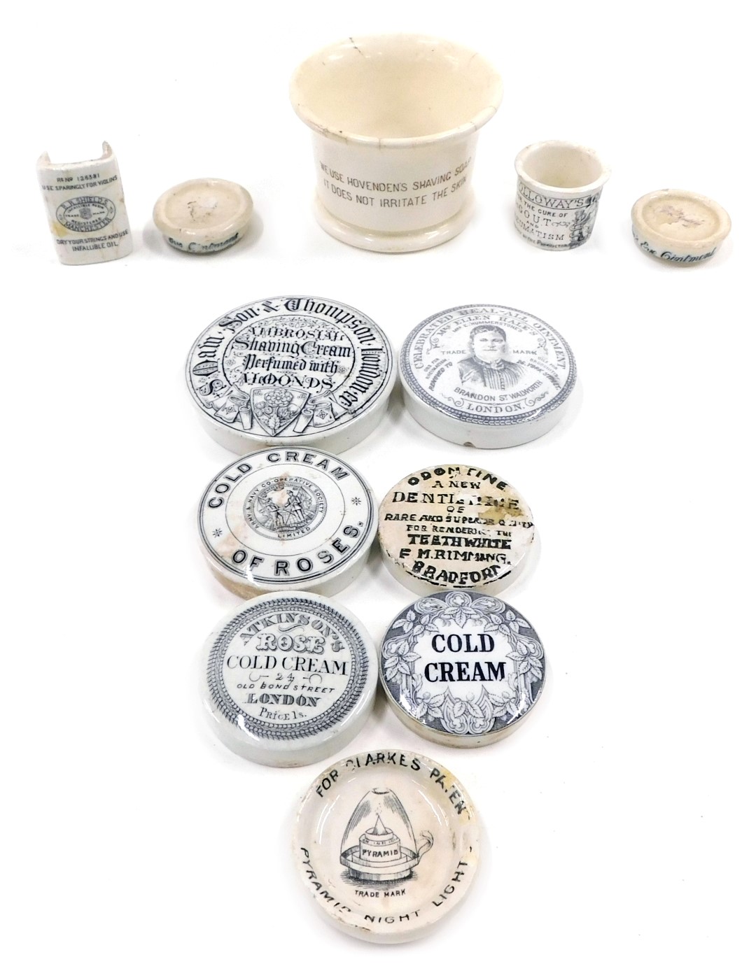 A collection of pot lids and jars, to include Army and Navy Co-operative Society cold cream of roses