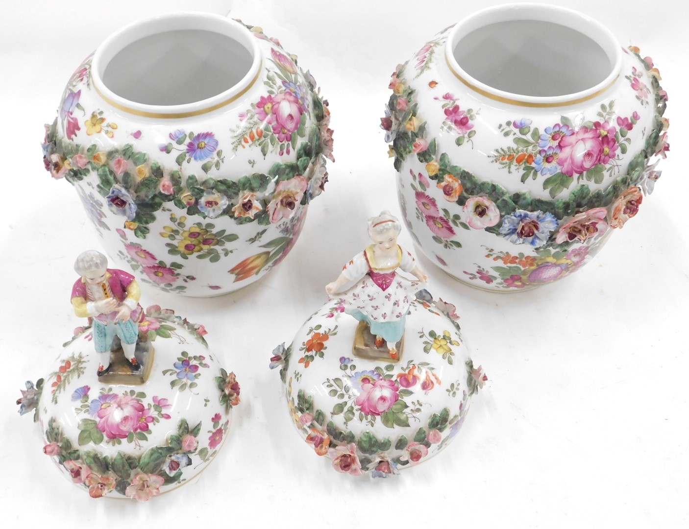 A pair of Dresden porcelain vases and covers, each painted with flowers and with flower encrusted ba - Image 2 of 3