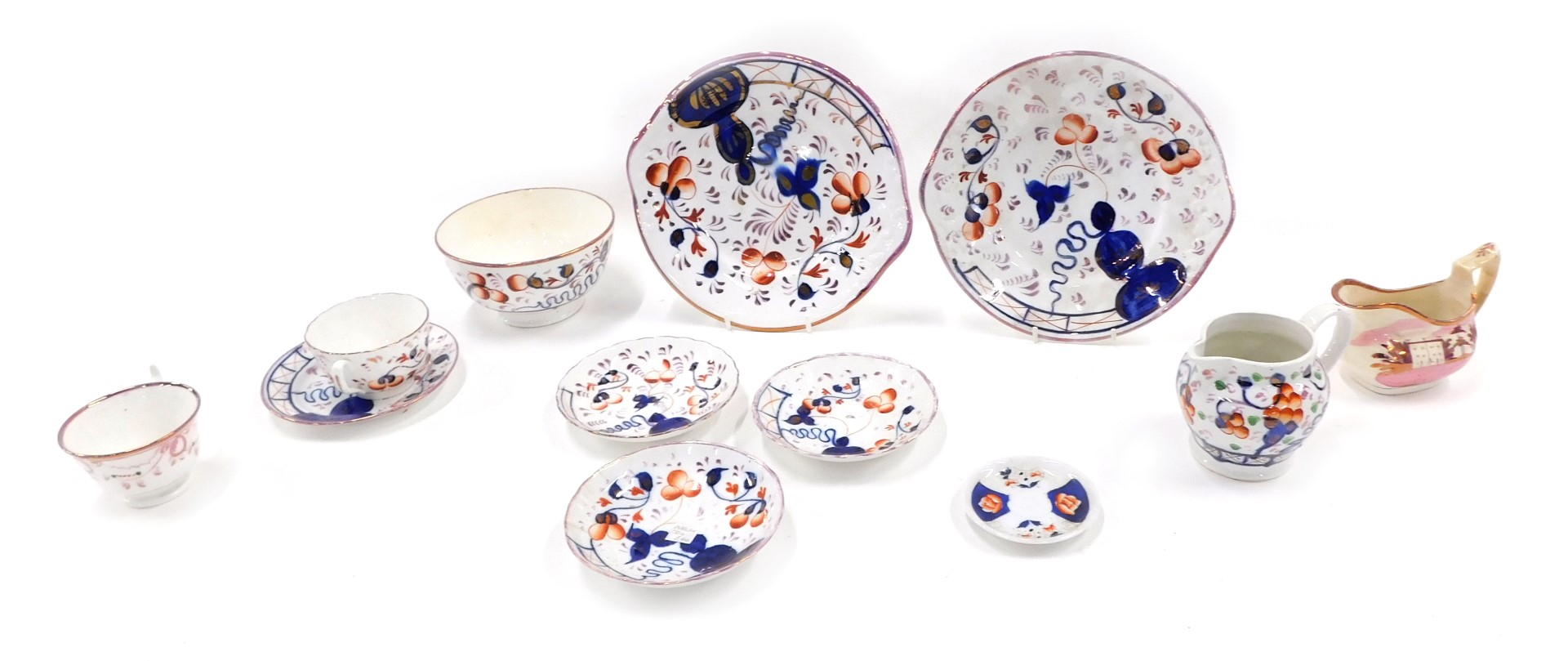 A collection of Gaudy Welsh and lustre ware, to include cream jug, plates, cups, jug.