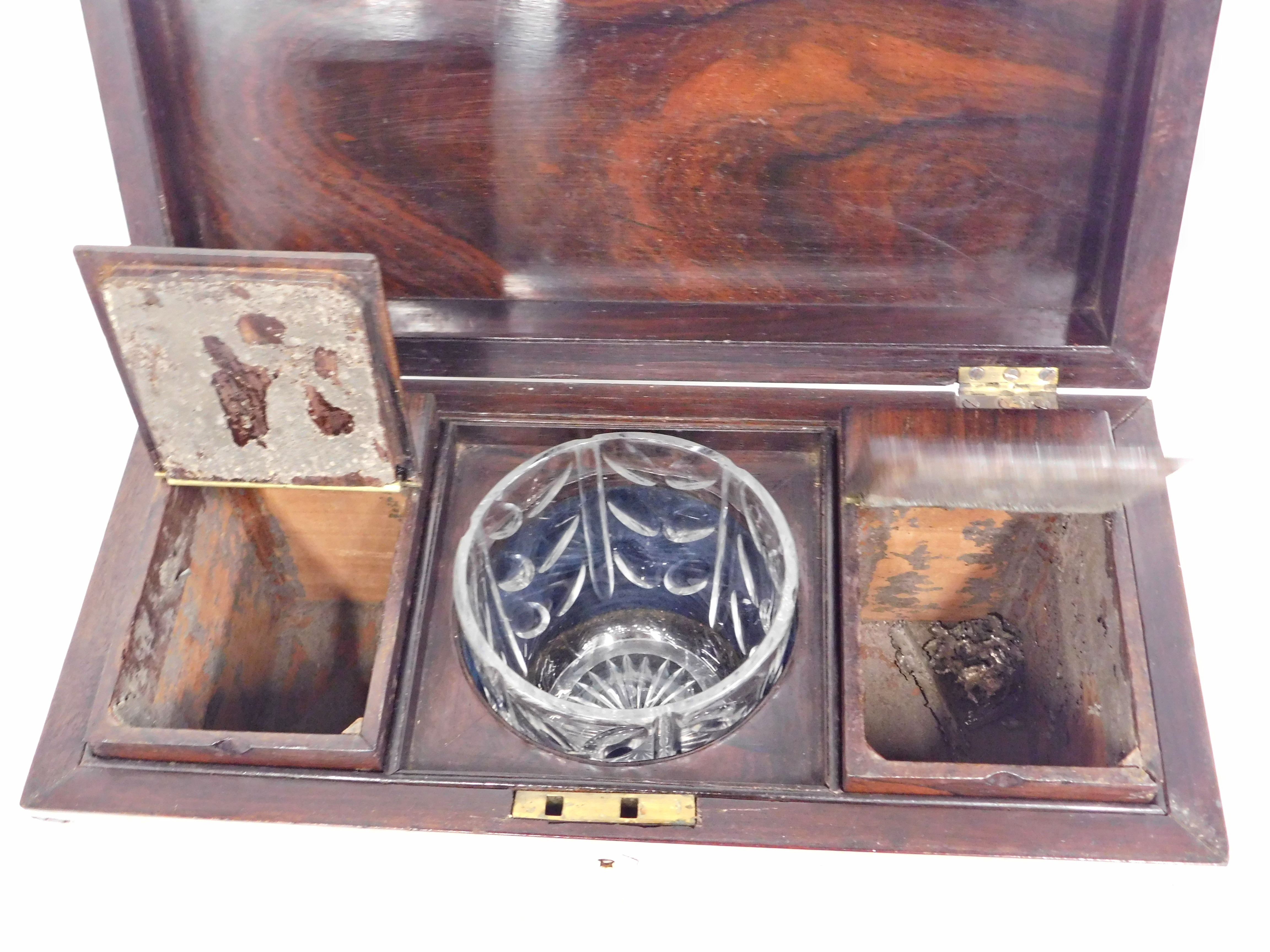 A 19thC mahogany tea caddy, the canted top with beaded crest and fitted interior with cut glass rose - Image 2 of 4