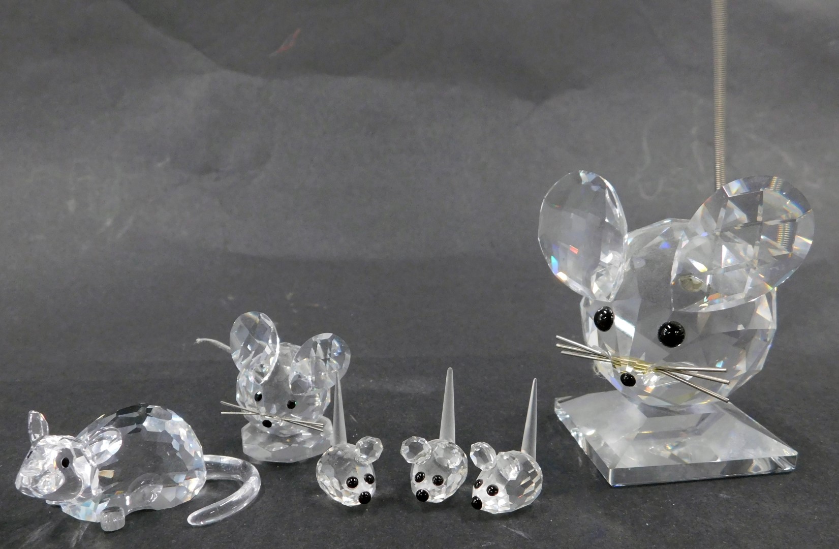 Six Swarovski crystal mice figures, comprising large mouse with wire tail 10cm high, small mouse wit