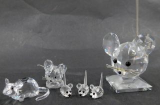 Six Swarovski crystal mice figures, comprising large mouse with wire tail 10cm high, small mouse wit