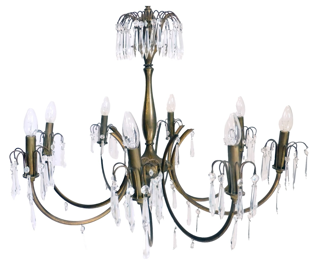 A gilt metal six branch chandelier, with cut glass drops, 65cm wide.