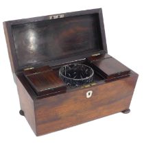 A 19thC mahogany tea caddy, the canted top with beaded crest and fitted interior with cut glass rose
