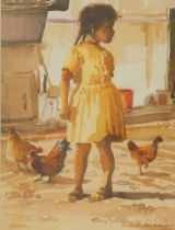 Lucy Mary Mullins (1920-2008). Young girl with chickens, artist signed coloured print, 42cm x 32cm.