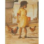 Lucy Mary Mullins (1920-2008). Young girl with chickens, artist signed coloured print, 42cm x 32cm.