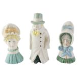 Three Royal Worcester candle snuffers, comprising 1976 budge, 12cm high, lady in hat, 10cm high, and