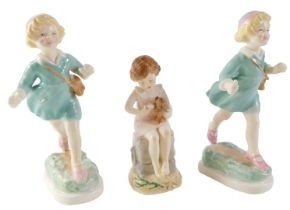 Three Royal Worcester figures, comprising Thursday's Child (x2) and Wednesday's Child, 18cm and 13cm
