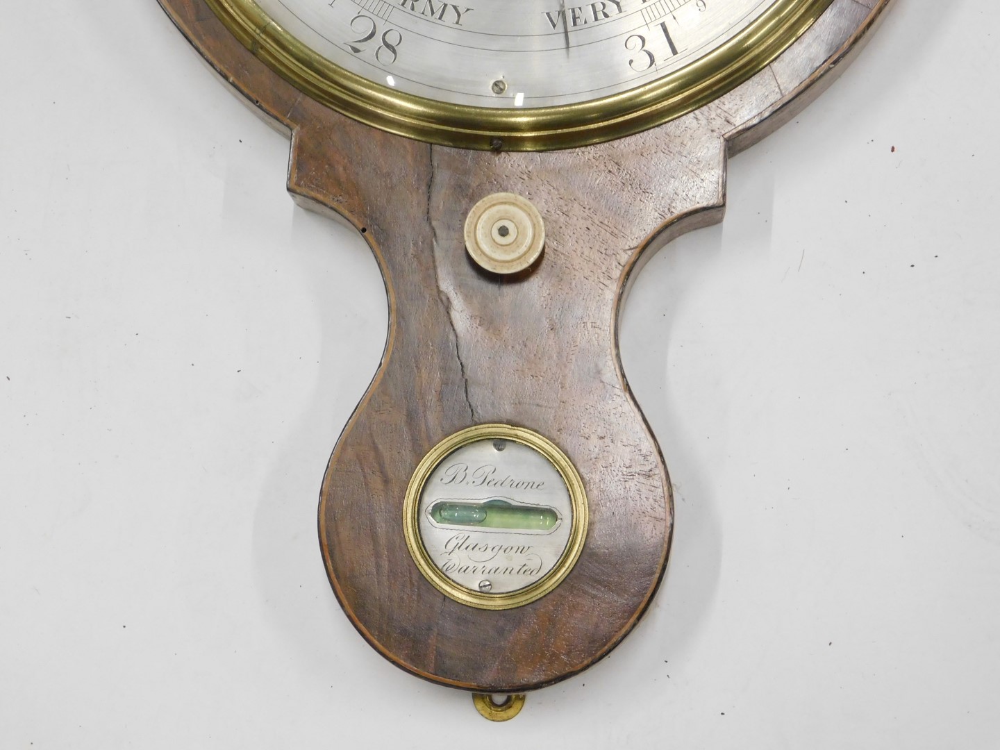 A 19thC mahogany wheel shaped barometer by P Pedrone, Glasgow, with silvered dial, thermometer, etc. - Image 3 of 3