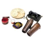 Military wares, comprising a military telephone YA7815, two leather leg cuffs, a fez, enamel bowl, a