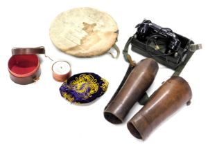 Military wares, comprising a military telephone YA7815, two leather leg cuffs, a fez, enamel bowl, a