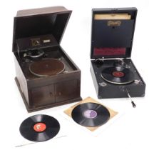 A HMV cased portable record player, and a HMV number 4 tabletop gramophone. (2)