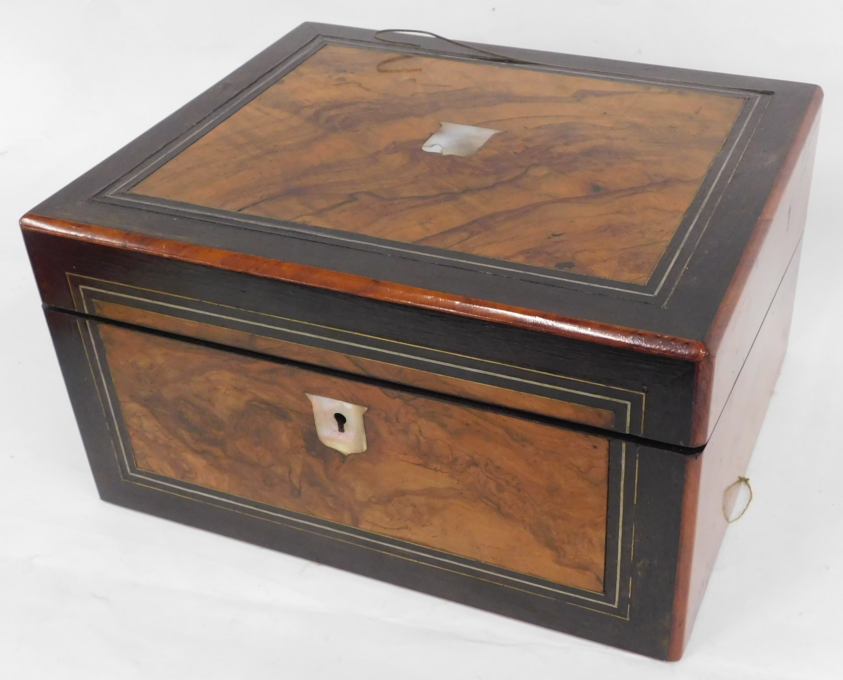 A Victorian walnut and ebonised writing slope, the rectangular top with vacant mother of pearl carto - Image 3 of 3