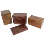 A collection of boxes, a rosewood sarcophagus tea caddy, lacking interior on bun feet, 23cm wide, a