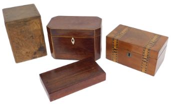 A collection of boxes, a rosewood sarcophagus tea caddy, lacking interior on bun feet, 23cm wide, a