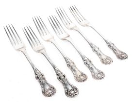 A set of six Victorian silver shell pattern starter forks, maker SHDC, London 1857, 10.37oz.