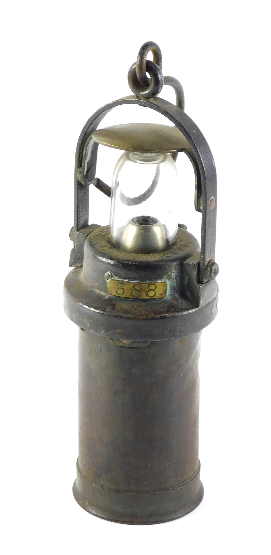 A C.E.A.G. of Barnsley steel and brass miner's lamp, numbered 388 and 369 respectively, 28cm high.