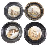 Two Prattware pot lids, decorated with children fishing, another of a dog and a sheep, etc. (4)
