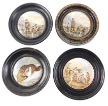 Two Prattware pot lids, decorated with children fishing, another of a dog and a sheep, etc. (4)