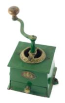 A Kendrick & Sons patent coffee mill or grinder, later painted green, 13cm wide.