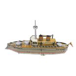 A Paya Spanish tinplate model of a battleship, boxed.