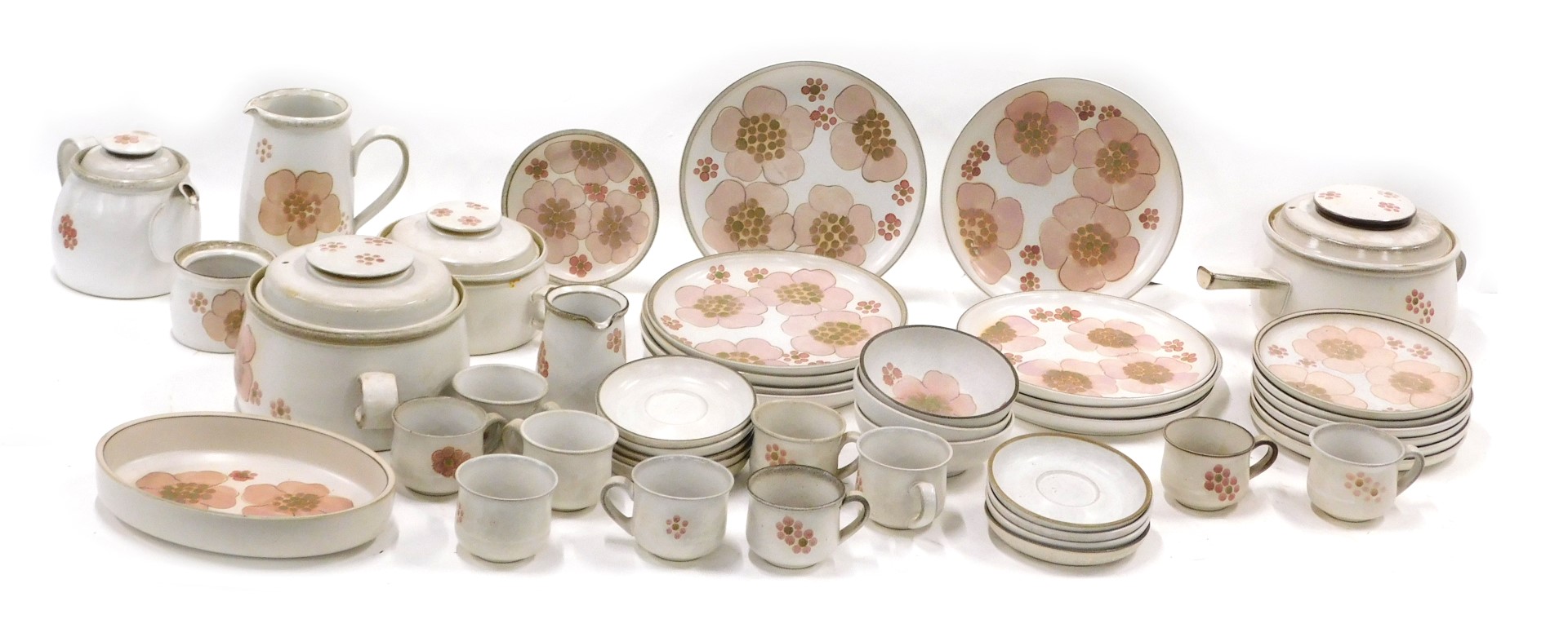 A Denby part dinner and tea service, decorated with pink flowers.