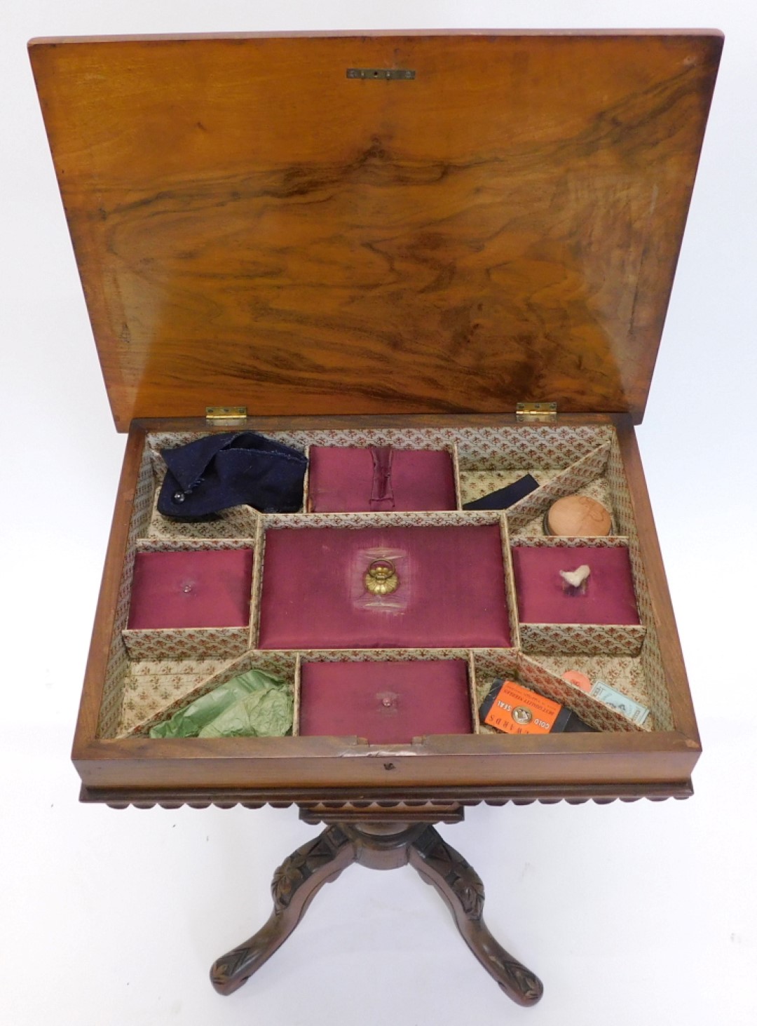 A Victorian walnut and boxwood strung work table, the hinged lid enclosing a fitted interior and a r - Image 2 of 2